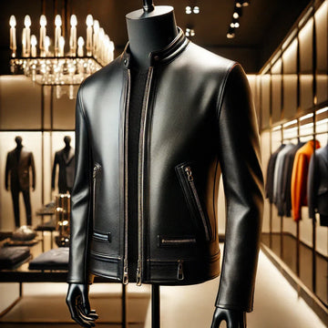 A luxurious men's leather jacket for 2025, featuring high-quality black full-grain leather with a sleek,