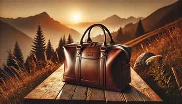 Premium leather duffle bag on a wooden bench with a scenic travel background – stylish, durable, and perfect for weekend getaways