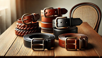Premium full-grain leather belt with a gold buckle on display.