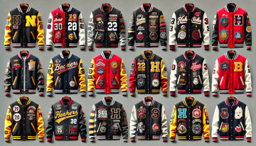 Picture of eighteen varsity jackets with different styles