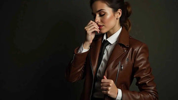 a female model pleasantly taking in the aroma of a premium leather jacket