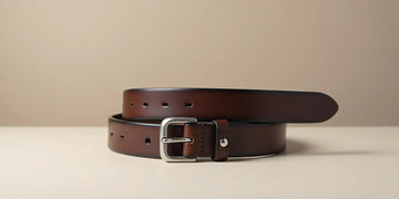 "Classic black leather dress belt with polished buckle" Image Suggestion: A sleek black dress belt on a wooden surface.