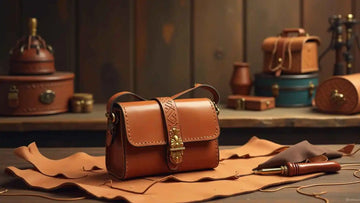 A Freshly crafted leather bag is placed on leather hide on a wooden table in an old school leather workshop