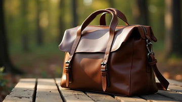 A unique leather bag placed in the woods