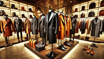 Luxurious and stylish display of high-end leather coats in an upscale fashion boutique. 