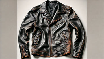 black leather jacket with mild damage from being in the dryer. The jacket has slight wrinkles, subtle shrinkage, and minor surface cracks, 