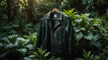 A Leather jacket in a lush green forest