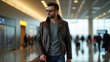 A spanish model at airport, wearing leather products