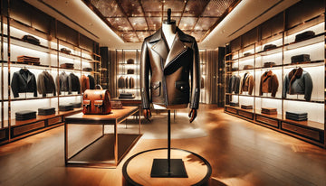 stylish and wide-angle scene showcasing a premium designer leather jacket in a high-end boutique. 