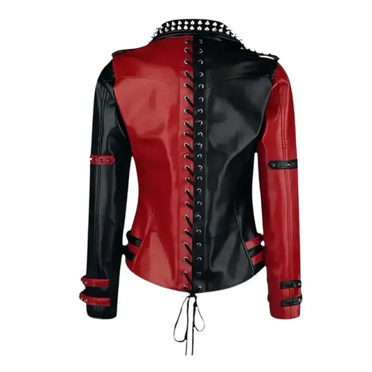 Women's Red & Black Studded Leather Moto Jacket-Women Leather Jacket-Premium Leather Store