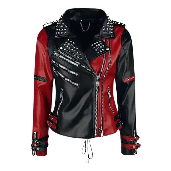 Women's Red & Black Studded Leather Moto Jacket