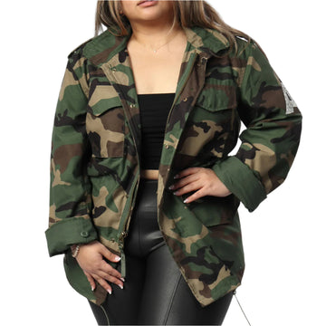 Women’s Trendy Glam Letter Classic Camo Jacket