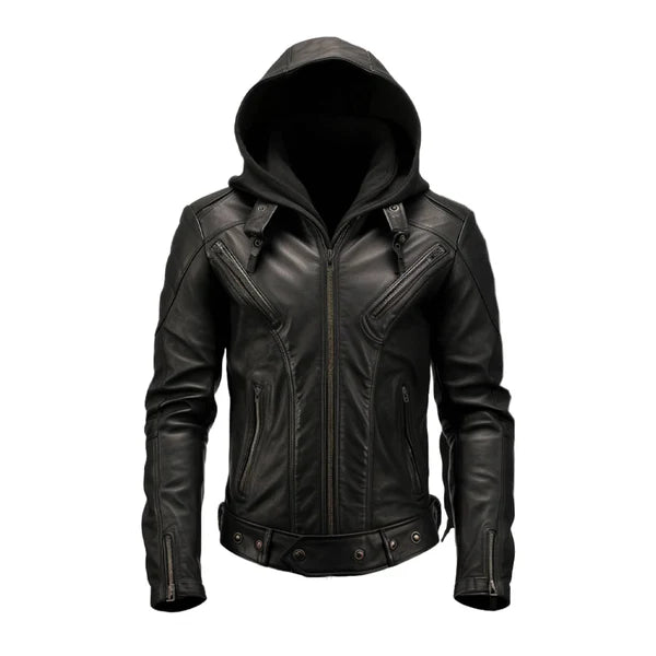 Men's Hooded Black Biker Leather Jacket