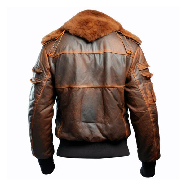 Men's Brown Flight Faux Shearling Lapel Bomber Leather Jacket-Men Shearling Jacket-Premium Leather Store