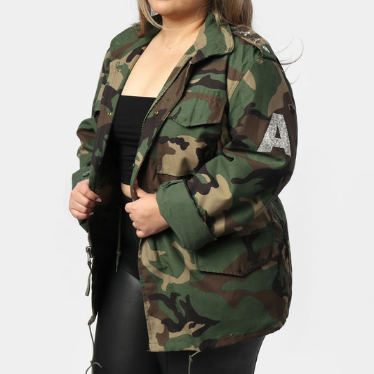 Women’s Trendy Glam Letter Classic Camo Jacket