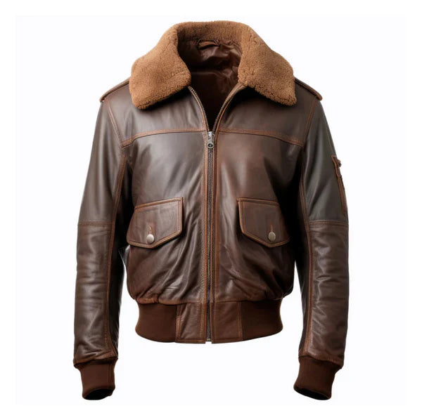 Men's Brown Pilot Faux Shearling Lapel Bomber Leather Jacket-Men Shearling Jacket-Premium Leather Store