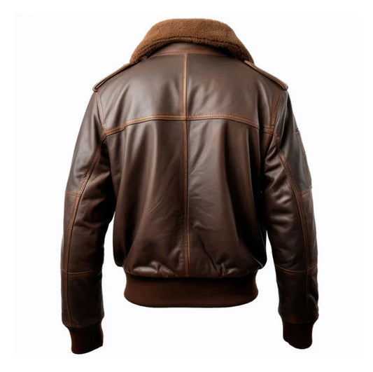 Men's Brown Pilot Faux Shearling Lapel Bomber Leather Jacket-Men Shearling Jacket-Premium Leather Store