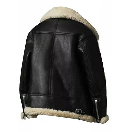 Women's Black Ivory Faux Shearling Aviator Leather Jacket-Women Shearling Jacket-Premium Leather Store