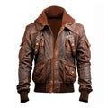 Men's Brown Flight Faux Shearling Lapel Hooded Leather Jacket-Men Shearling Jacket-Premium Leather Store