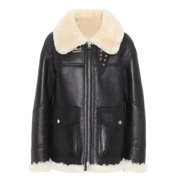 Women's Black Ivory Faux Shearling Aviator Leather Jacket