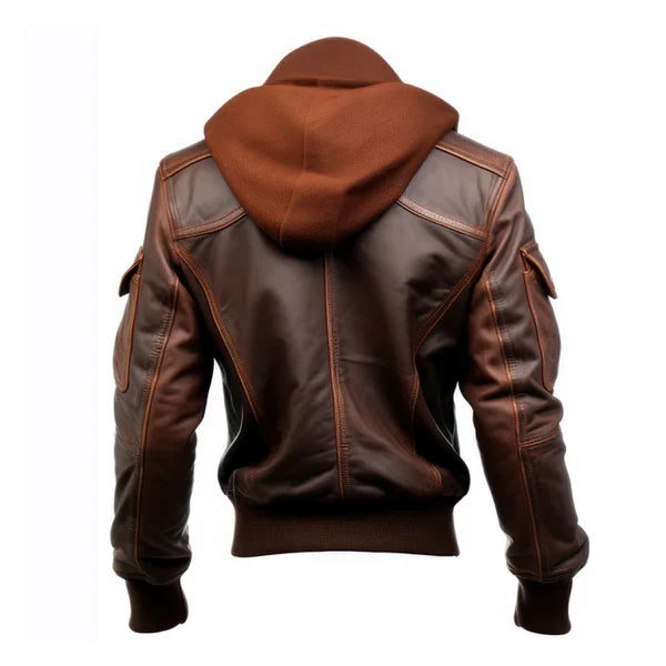 Men's Brown Flight Faux Shearling Lapel Hooded Leather Jacket-Men Shearling Jacket-Premium Leather Store