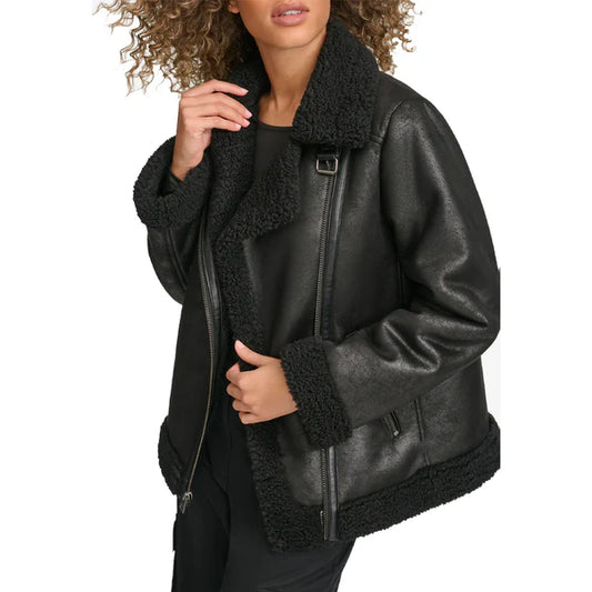 Women's Faux Shearling Lined Moto Leather Jacket