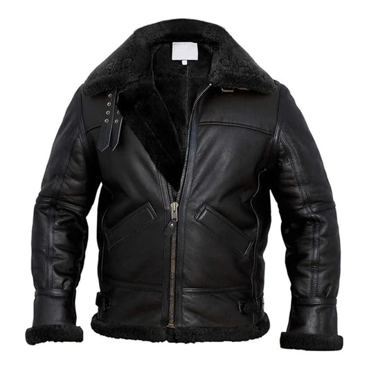 Men's Faux Shearling Adjustable Collar Leather Jacket-Men Shearling Jacket-Premium Leather Store