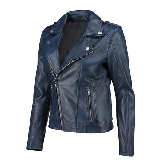 Women's Blue Zip-Up Handwaxed Moto Jacket