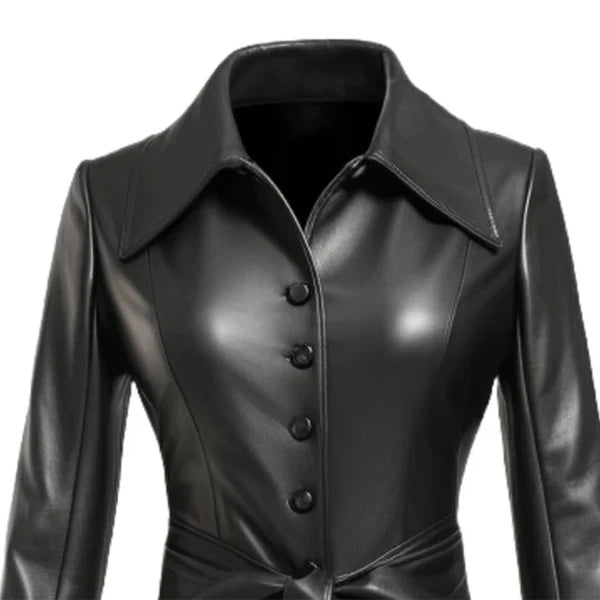 Women's Black Nexa Long Classic Leather Coat-Women Leather Coat-Premium Leather Store