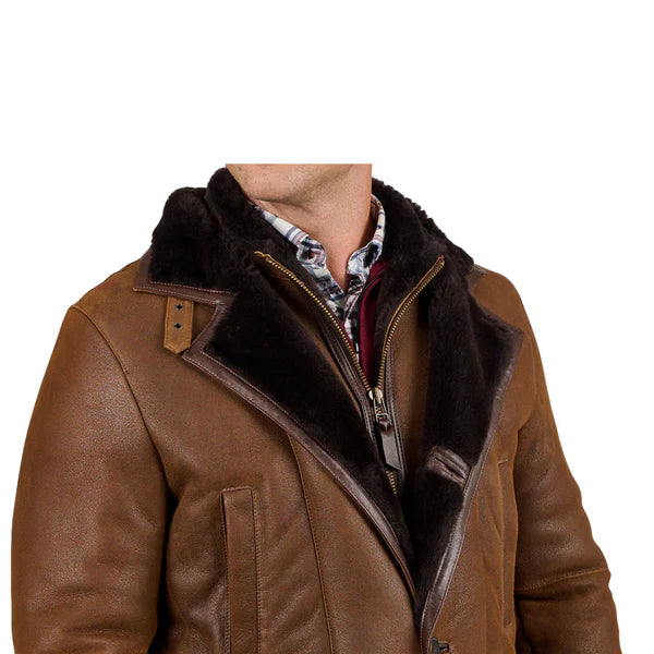 Brown Fur Double Shearling Genuine Leather Coat-Men Leather Coat-Premium Leather Store