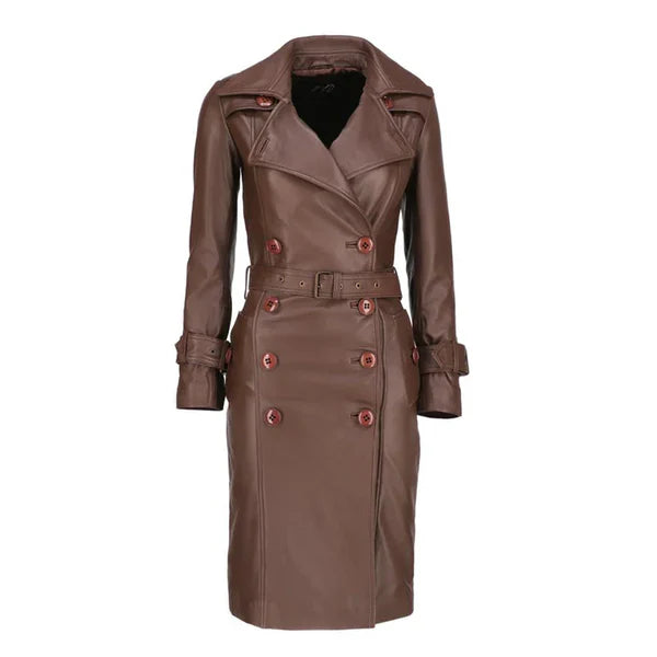 Women's Brown Double-Breasted Elegant Leather Trench Coat