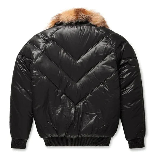 Men's Black Bubble V-Bomber Faux Shearling Leather Jacket-Men Shearling Jacket-Premium Leather Store