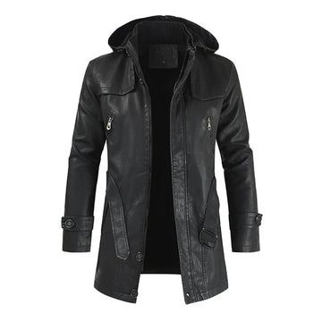 Black Fashionable Hooded Long Leather Motorcycle Coat