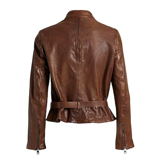 Women's Brown Buttoned Leather Moto Jacket-Women Leather Jacket-Premium Leather Store