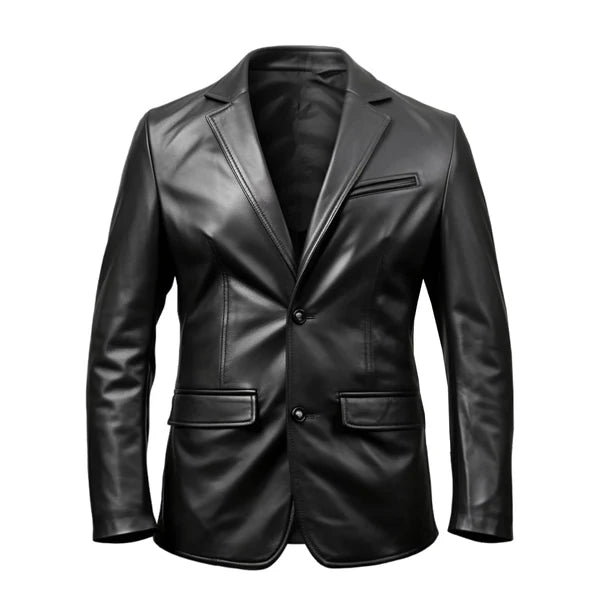 Black Stylish Button Closure Blazer Leather Coat