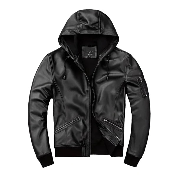 Men's Black Hooded Motorcycle Bomber Jacket