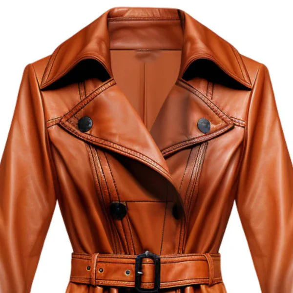 Women's Brown Echelon Long Authentic Leather Coat-Women Leather Coat-Premium Leather Store