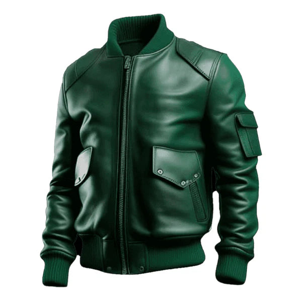 Men's Green Sleeve Pocket Bomber Leather Jacket