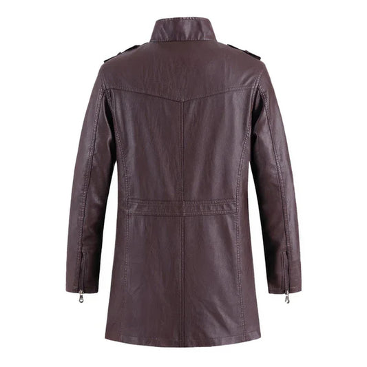 Wine Stand Collar Casual Vintage Leather Biker Coat-Men Leather Coat-Premium Leather Store