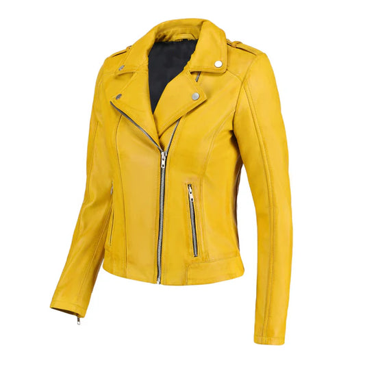 Women's Yellow Zip-Up Handwaxed Moto Jacket-Women Biker Jacket-Premium Leather Store