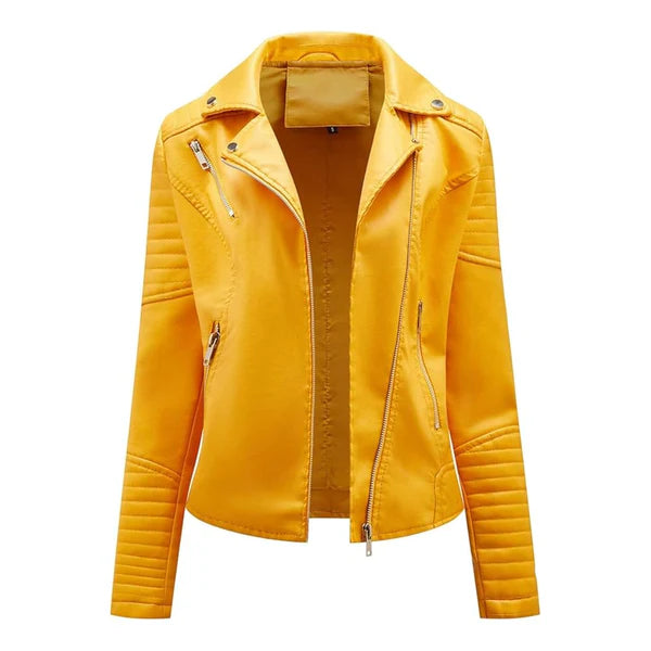 Women's Yellow Lapel Collar Moto Leather Jacket