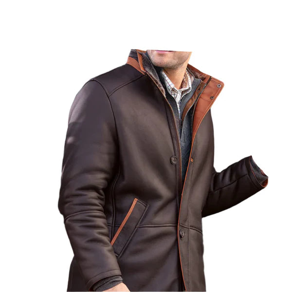 Dark Brown Premium Shearling Leather Coat-Men Leather Coat-Premium Leather Store