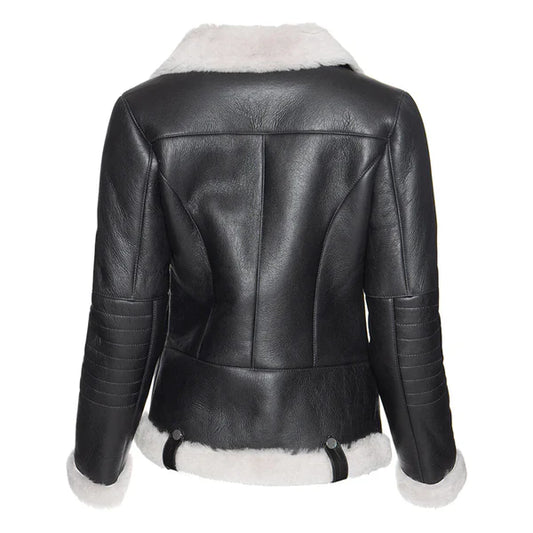 Women's White Faux Fur Merino Shearling Black Leather Jacket-Women Shearling Jacket-Premium Leather Store