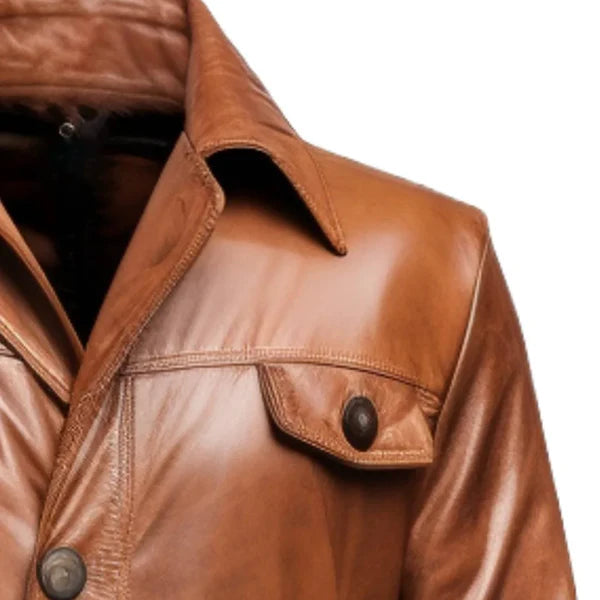 Brown Vintage Button Style Long Real Leather Coat-Men Leather Coat-Premium Leather Store