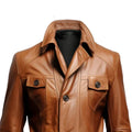 Brown Stylish Erect Collar Genuine Leather Coat-Men Leather Coat-Premium Leather Store