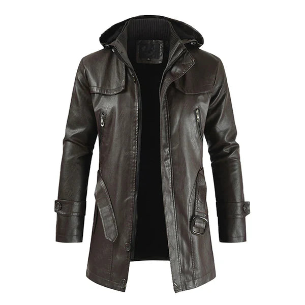 Camel Fashion Hooded Long Leather Motorcycle Coat-Men Leather Coat-Premium Leather Store