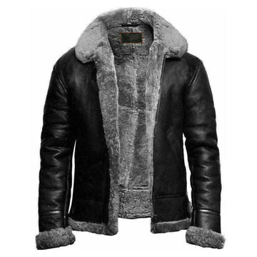 Men's Black Faux Shearling Lining Leather Jacket-Men Shearling Jacket-Premium Leather Store