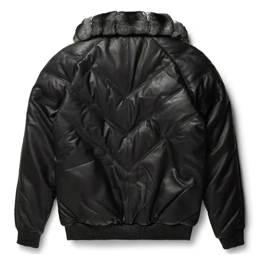 Men's Black V-Bomber Faux Shearling Full Fox Collar Leather Jacket-Men Shearling Jacket-Premium Leather Store