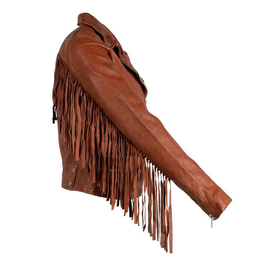 Women’s Brown Burnt Fringe Leather Jacket-Women Leather Jacket-Premium Leather Store