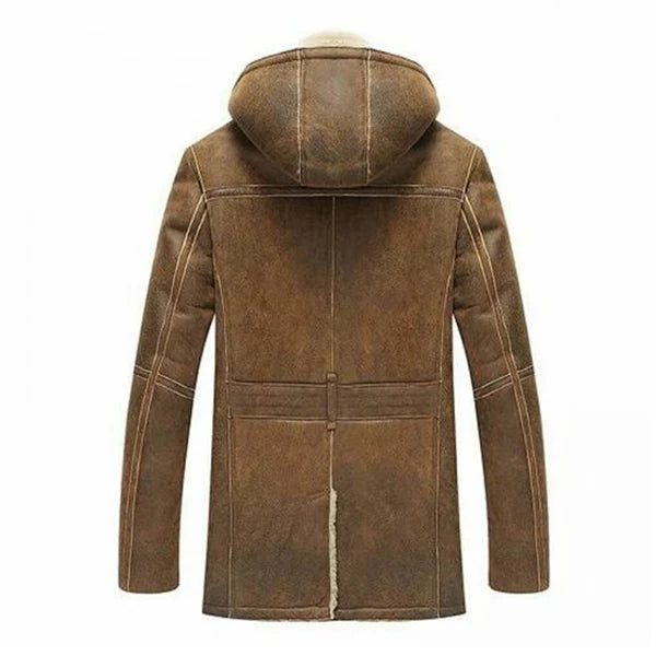 Men's Brown Hooded B3 Shearling Real Leather Coat-Men Leather Coat-Premium Leather Store